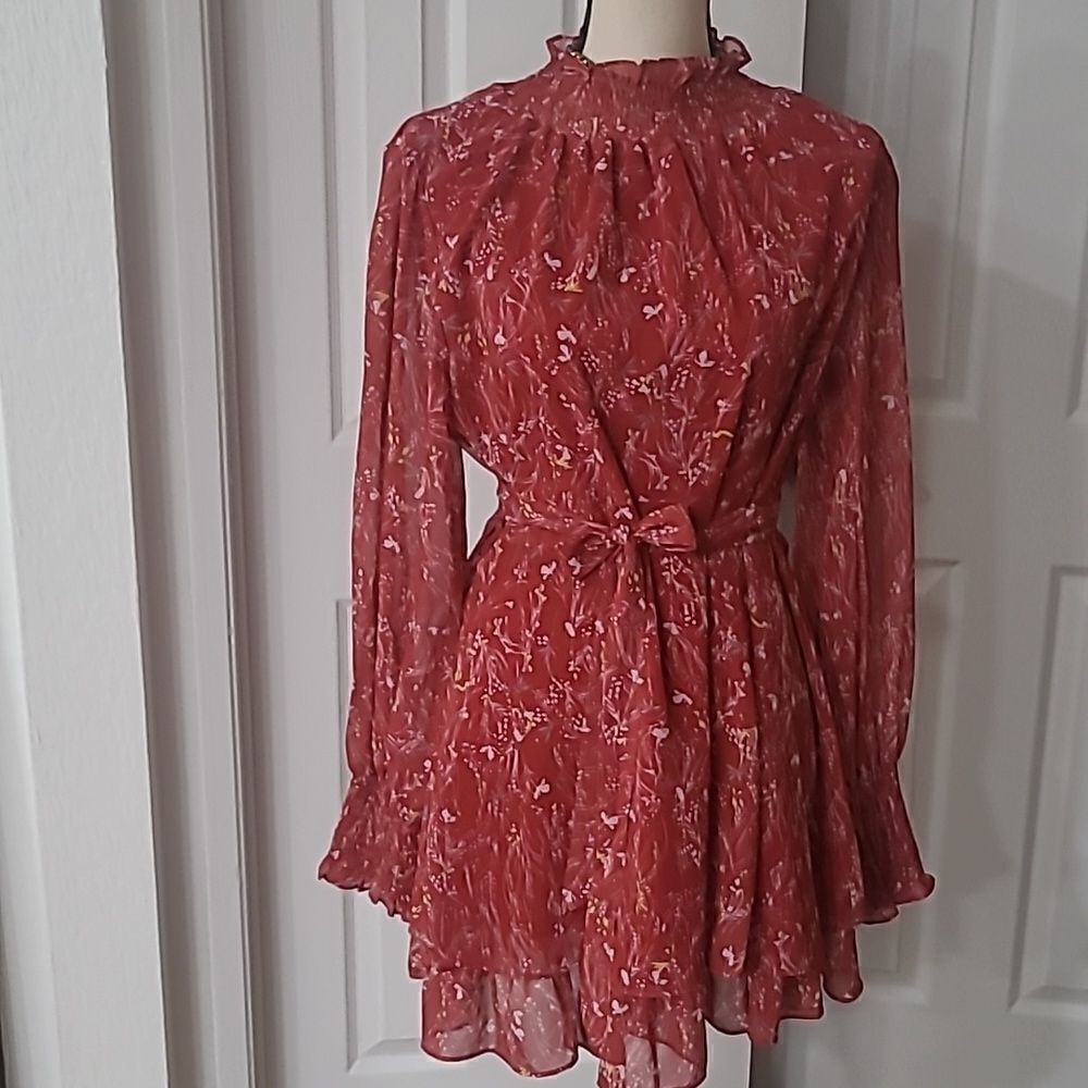💥3/$55💥Boho Ruffled Layered Mock Neck Smock Puffy Flowy Mini Dress sz L